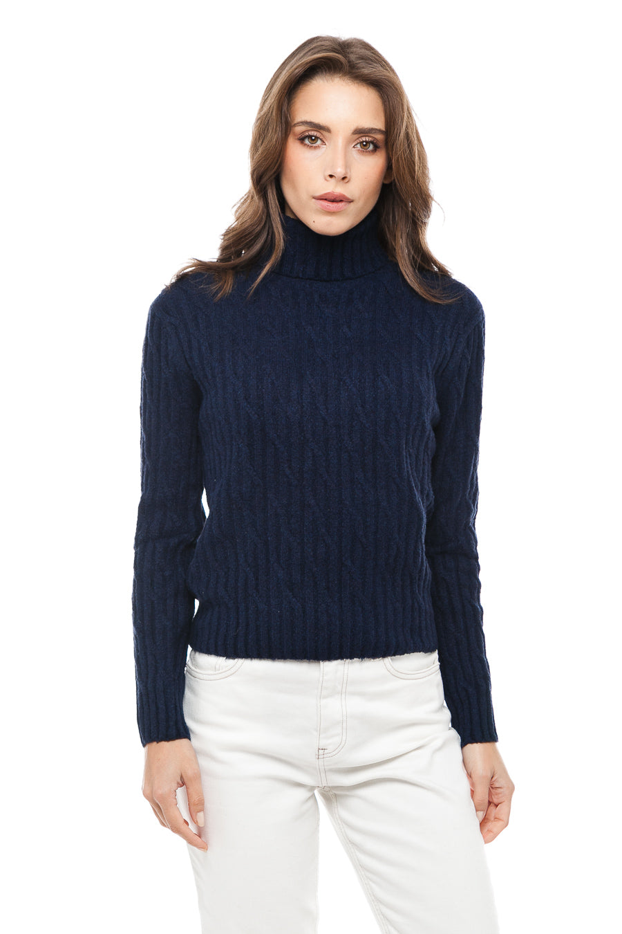 Jersey de cuello vuelto de mujer con trenzados de Cashmere y Merino