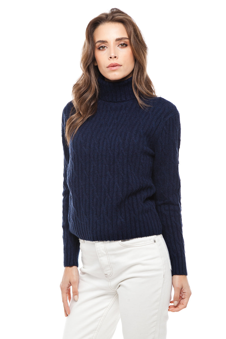 Jersey de cuello vuelto de mujer con trenzados de Cashmere y Merino