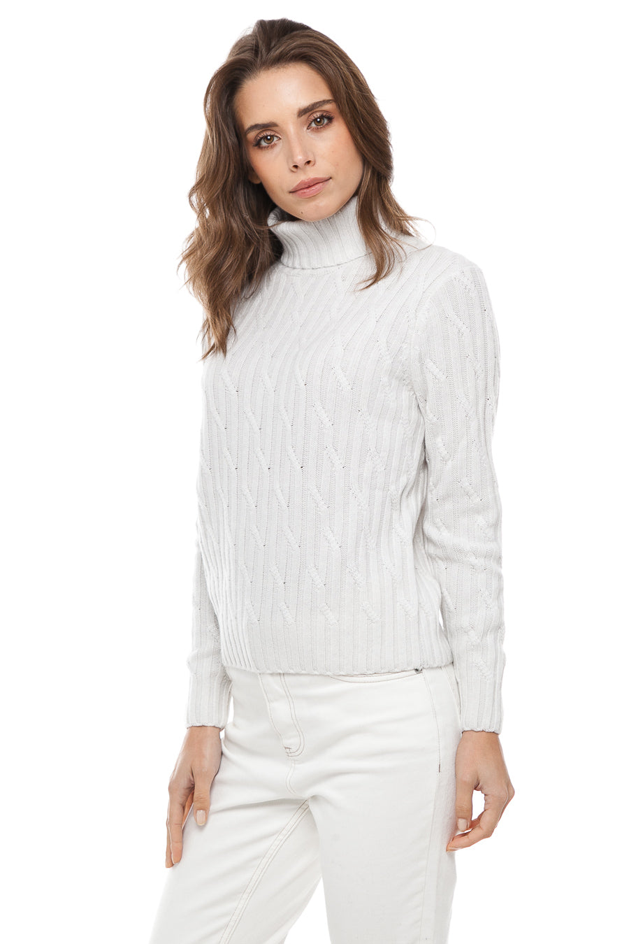 Gola alta feminina com tranças Cashmere e Merino