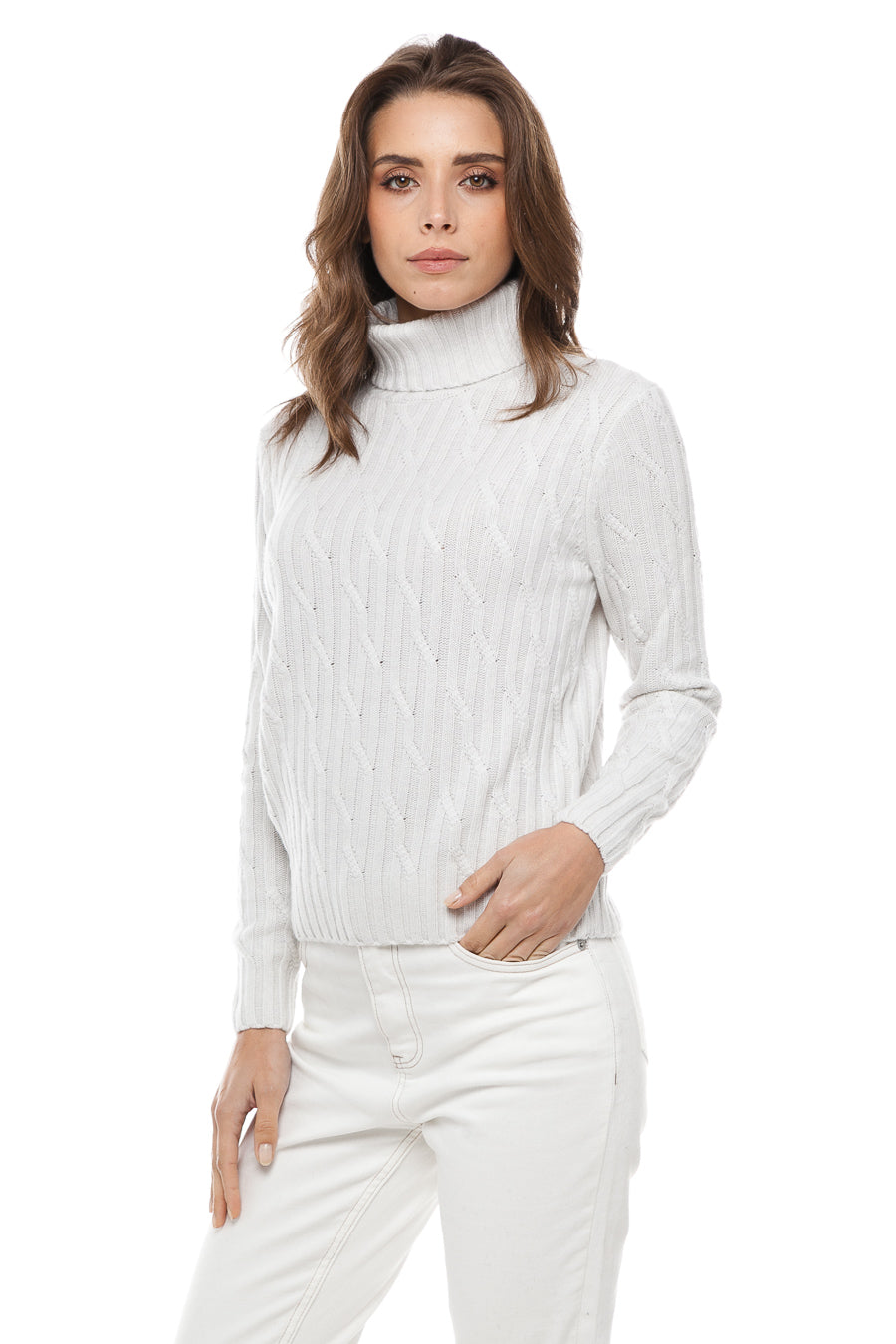 Gola alta feminina com tranças Cashmere e Merino