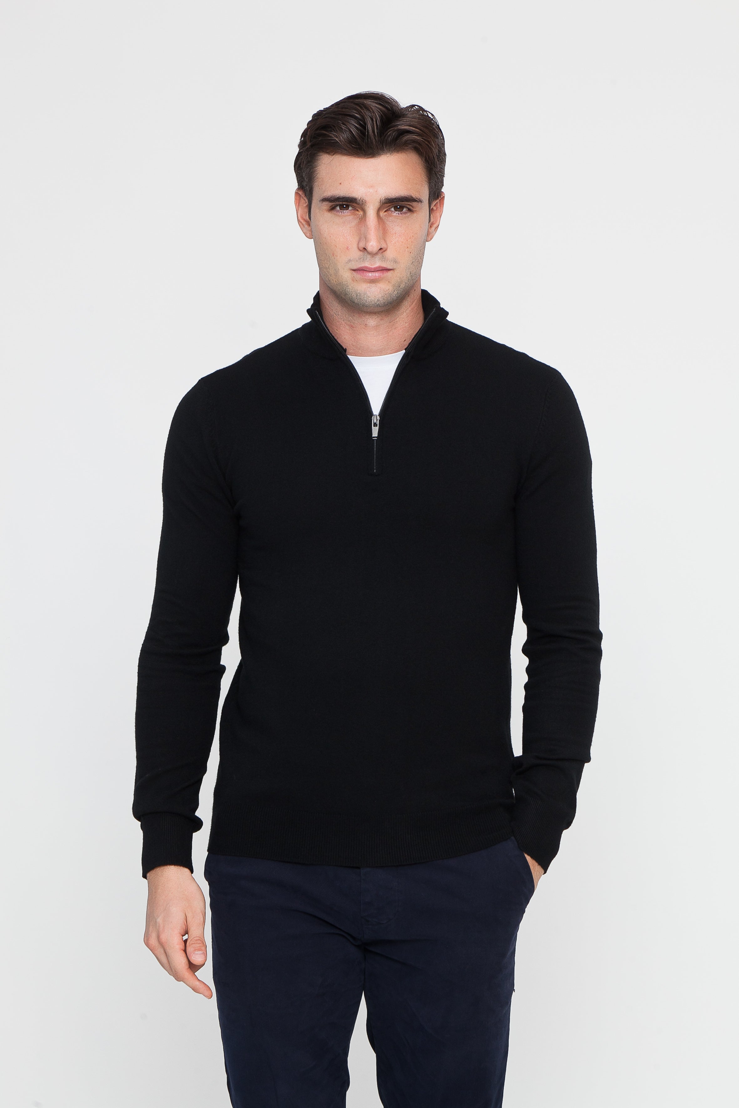 Maglione in Cotone Nero a Mezza Zip