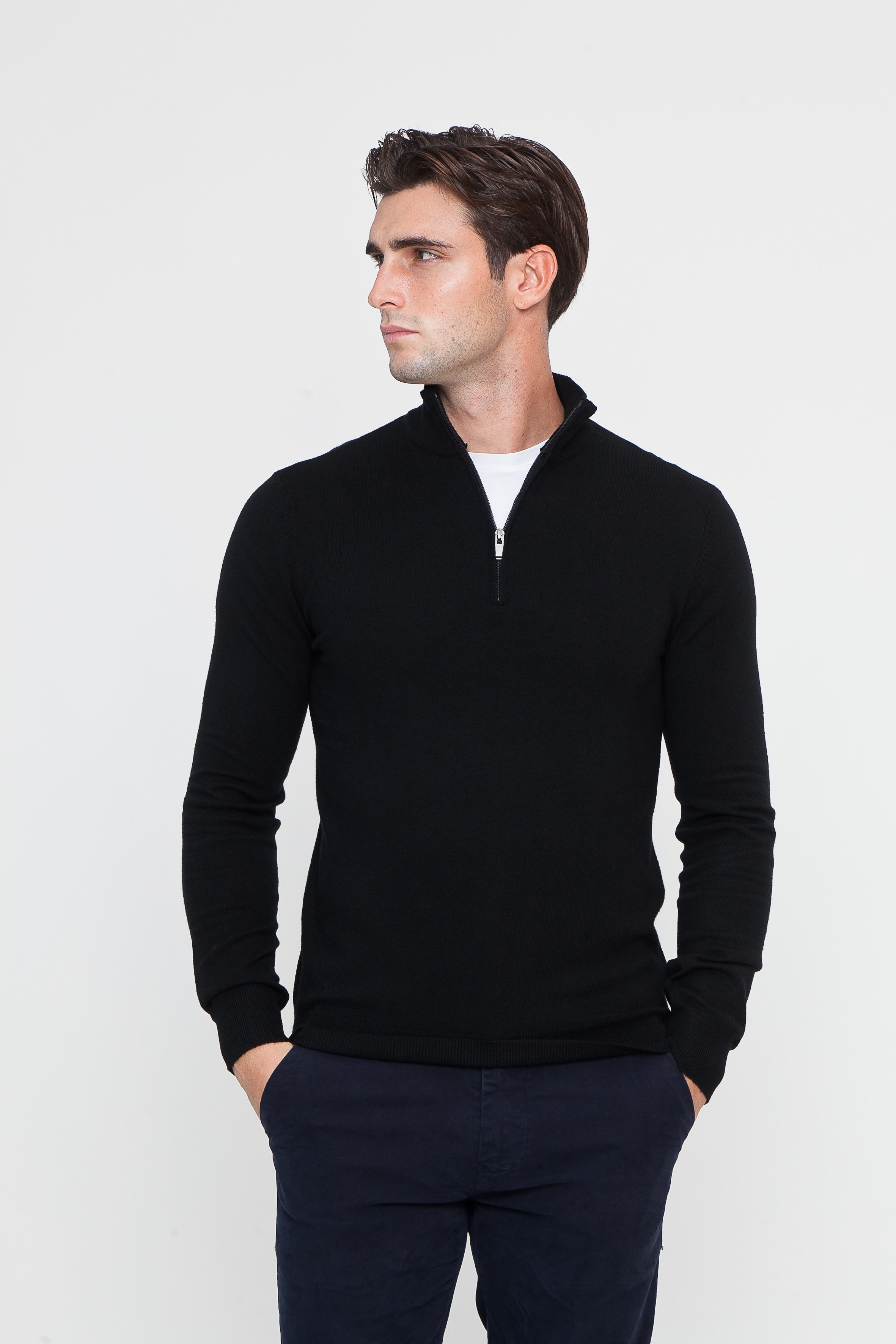 Black Cotton Half-Zip Sweater