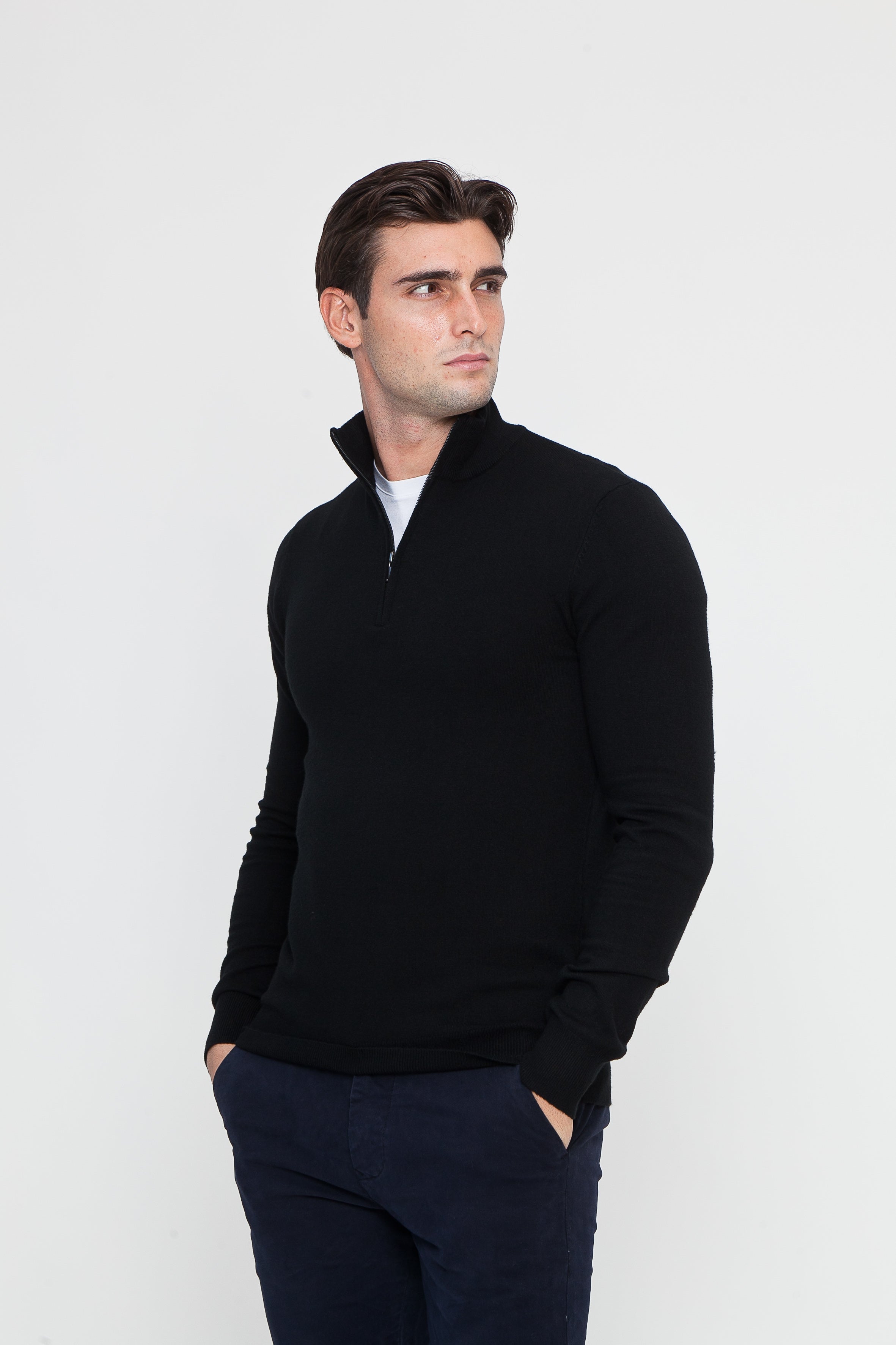 Black Cotton Half-Zip Sweater