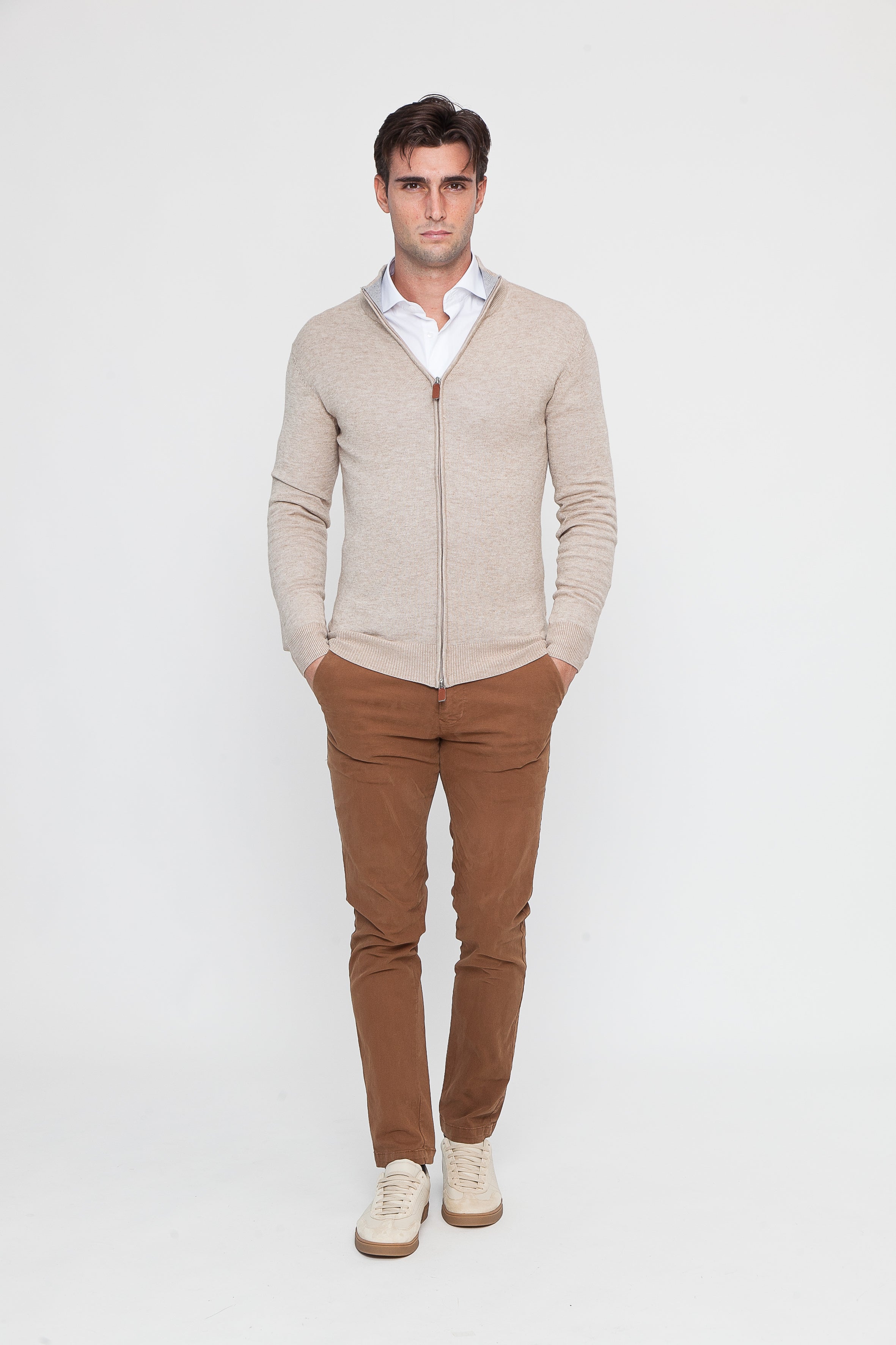 Maglione con Zip in Viscosa Beige