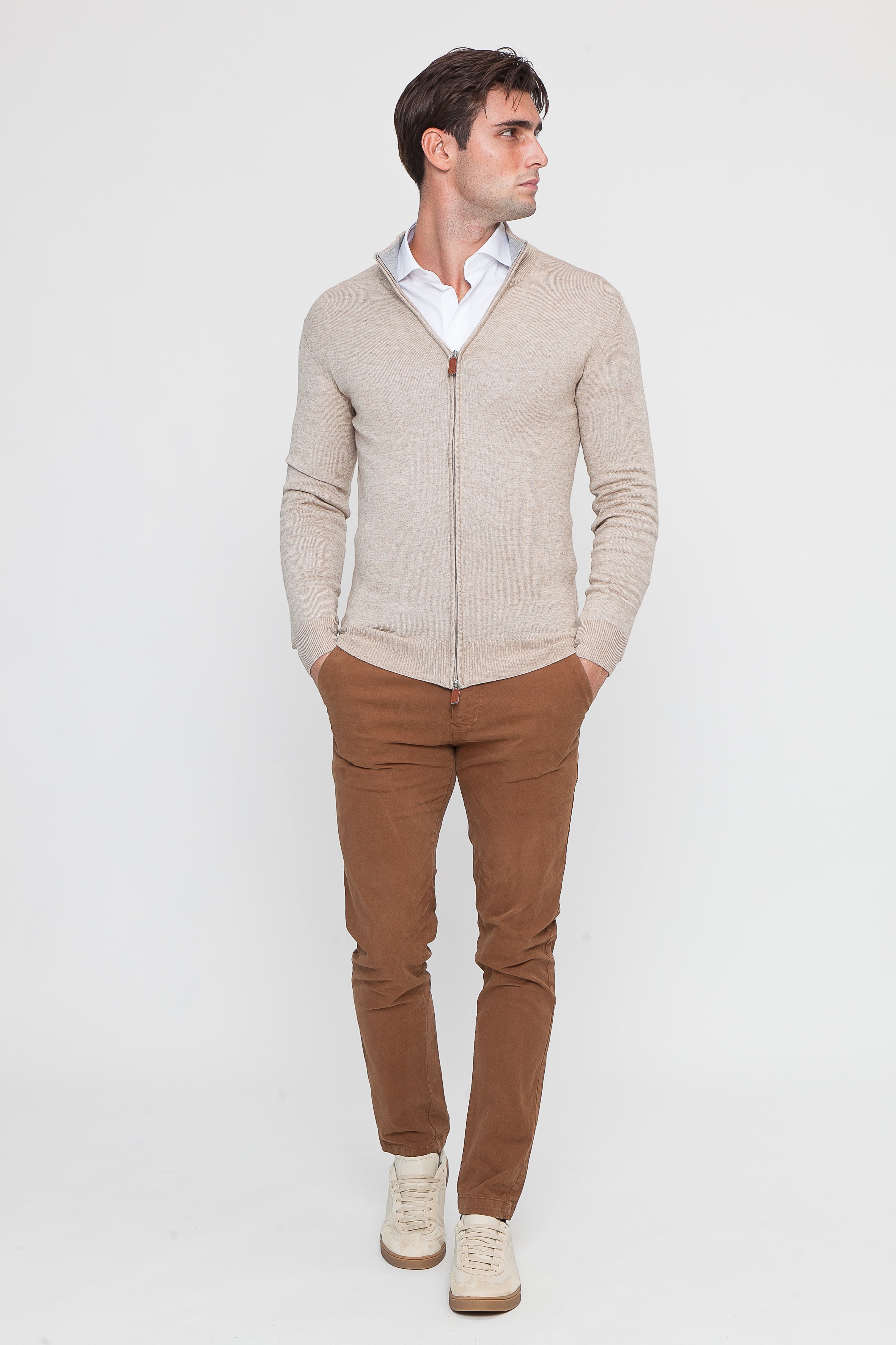 Maglione con Zip in Viscosa Beige