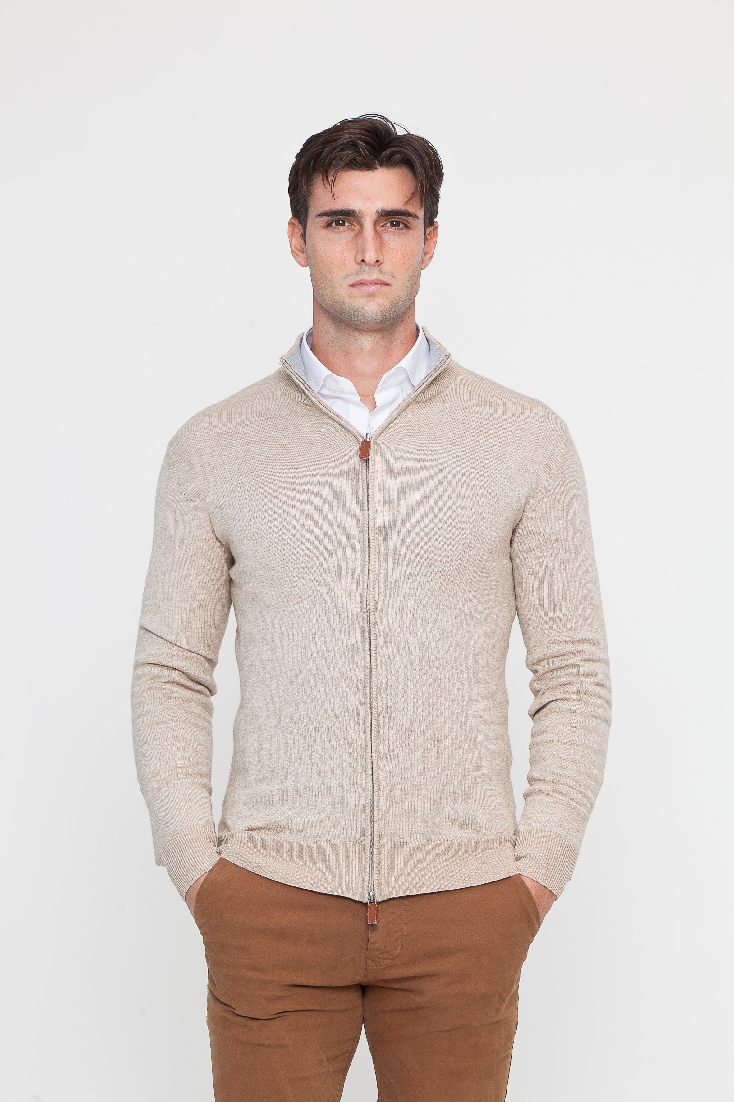 Maglione con Zip in Viscosa Beige