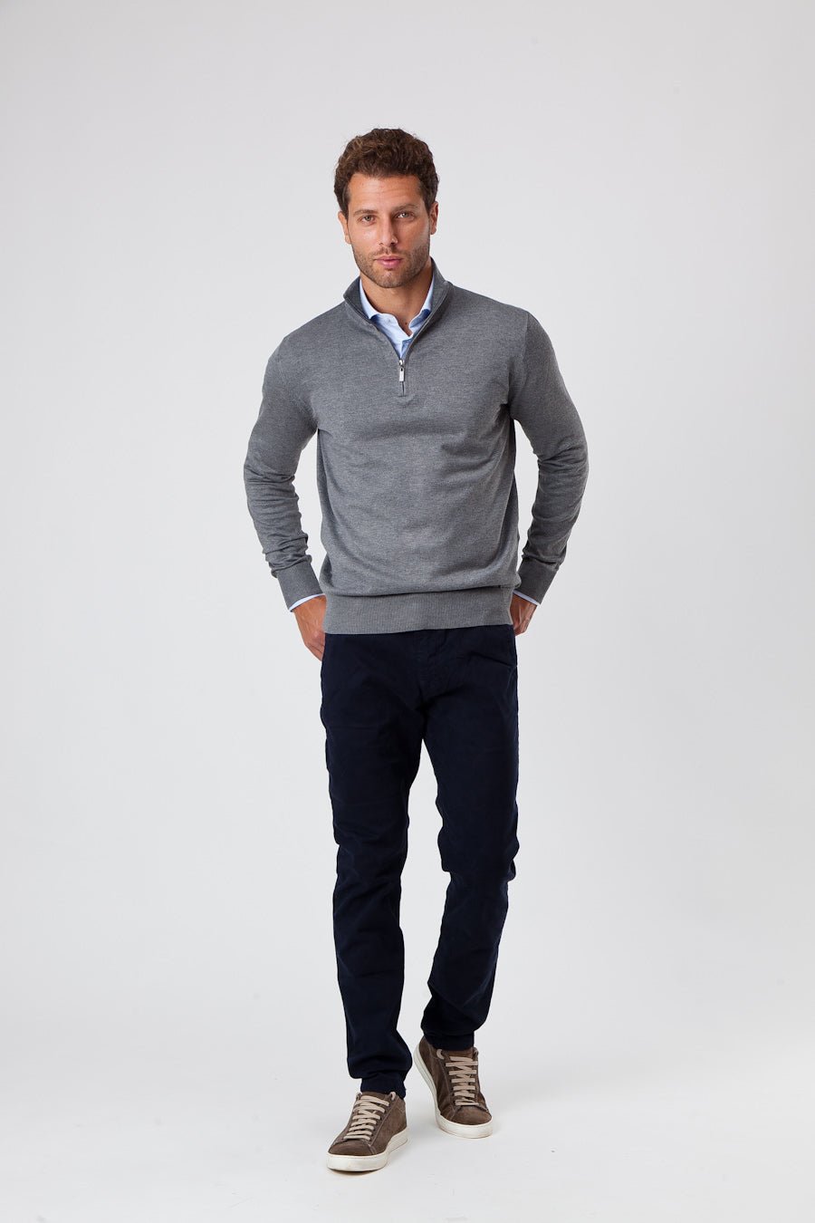 Maglione in Cotone Grigio a Mezza Zip