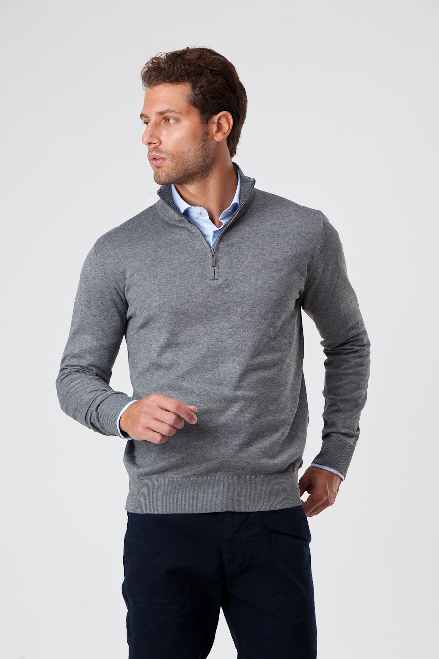 Maglione in Cotone Grigio a Mezza Zip