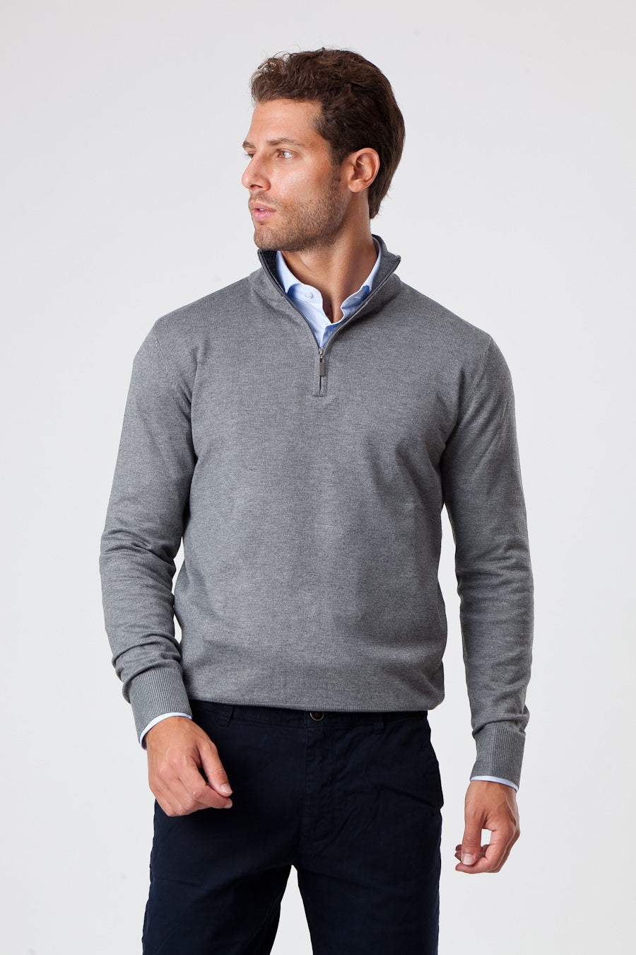 Maglione in Cotone Grigio a Mezza Zip