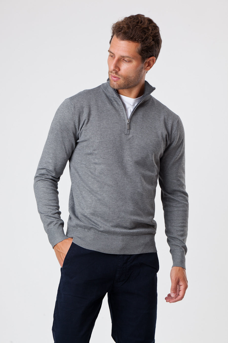 Maglione in Cotone Grigio a Mezza Zip