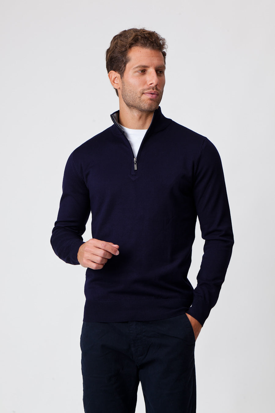 Blue Cotton Half-Zip Sweater