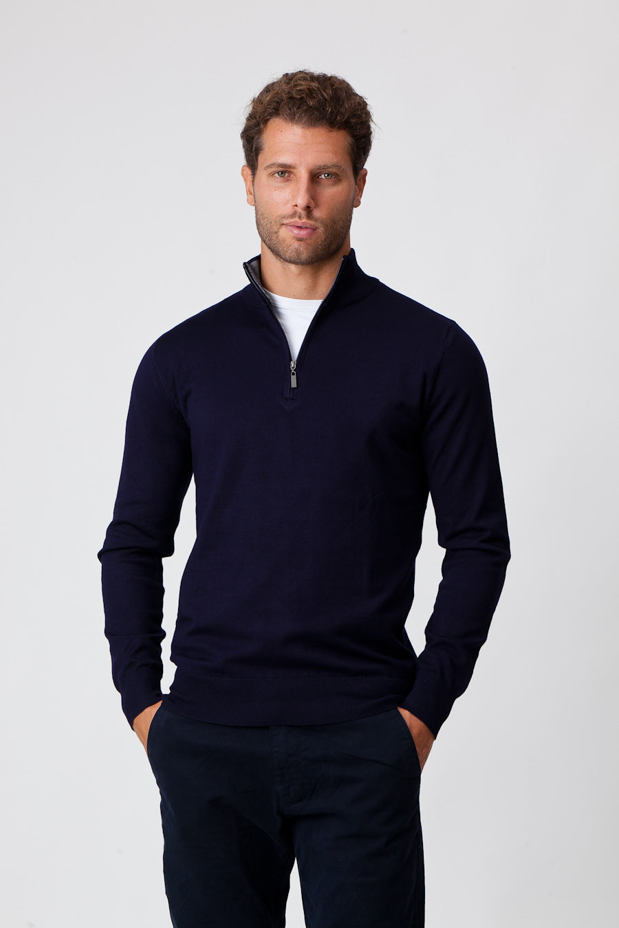 Blue Cotton Half-Zip Sweater