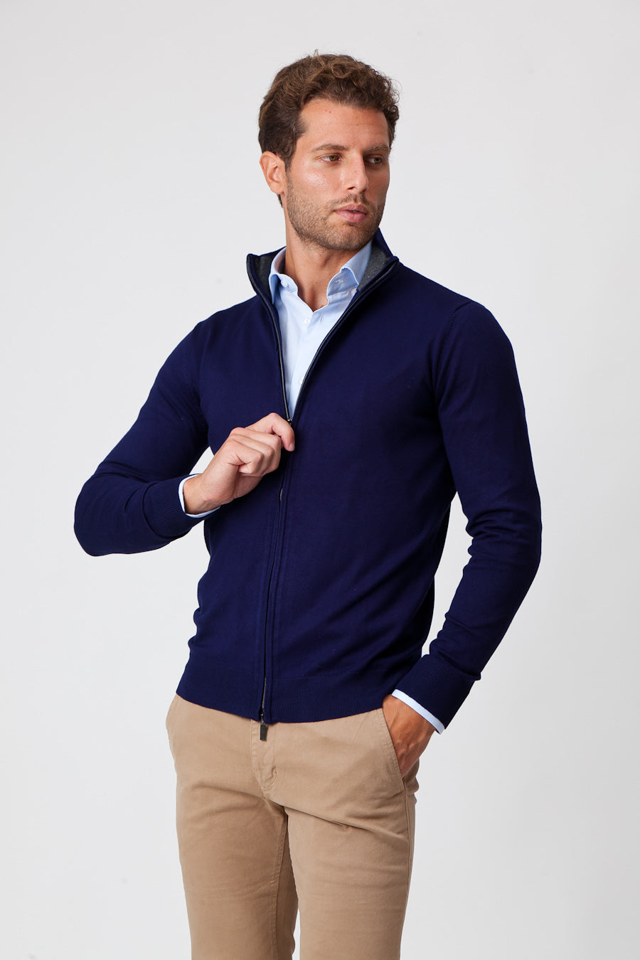 Maglione con Zip in Viscosa Blue Navy