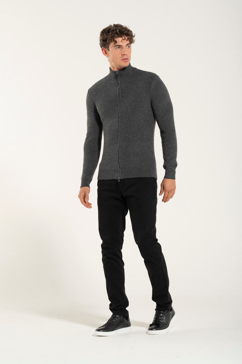 Maglione Zip Grigio Misto Lana