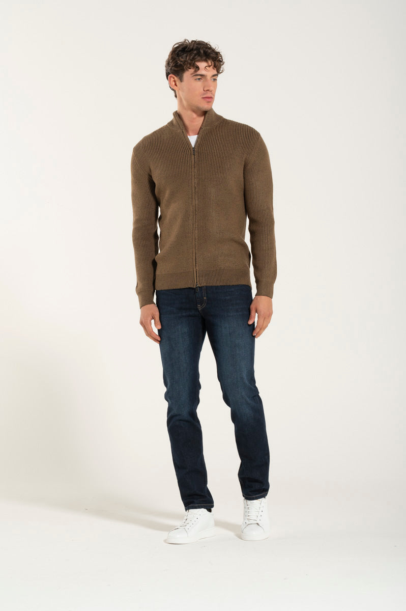 Tobacco Wool Blend Zip Sweater