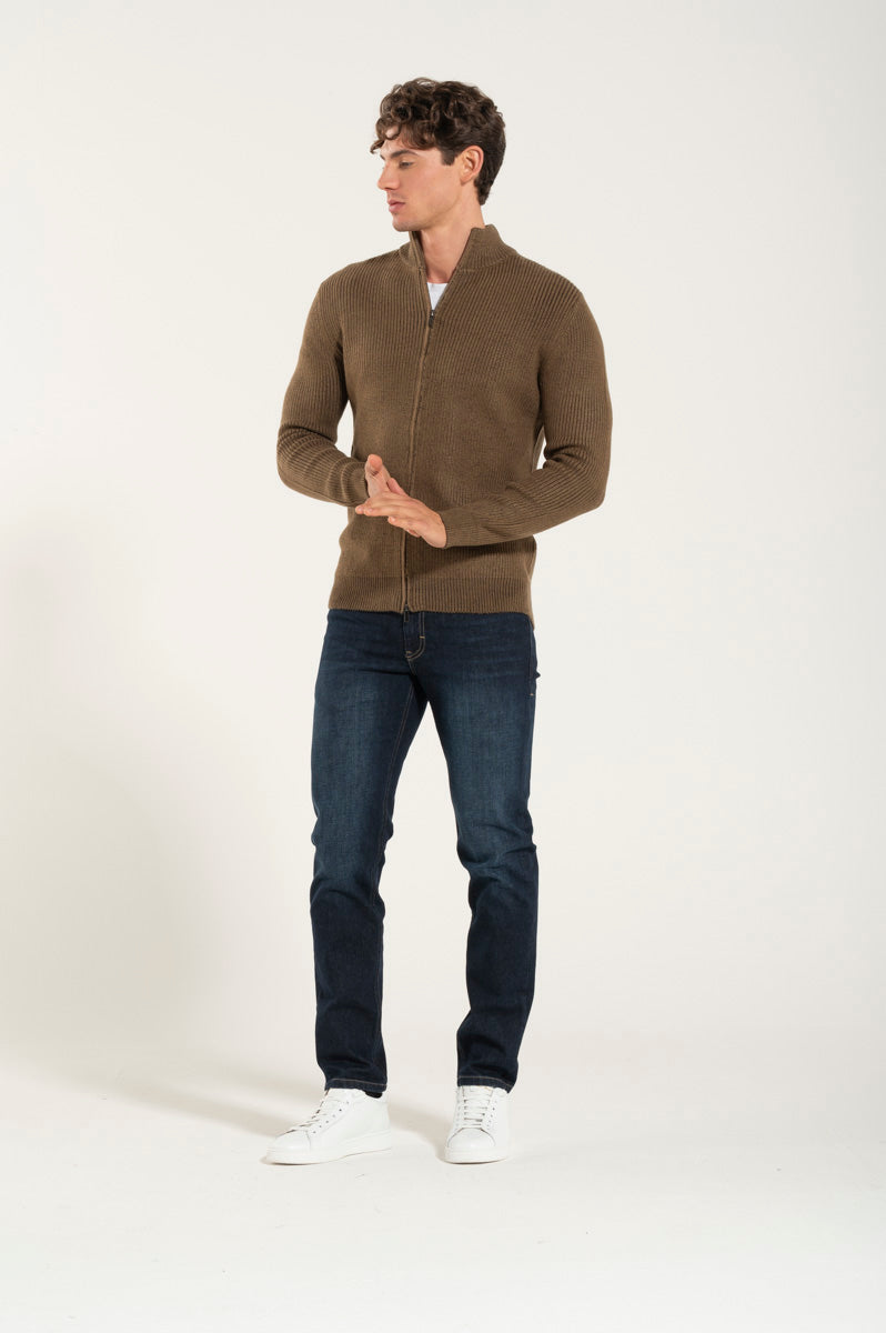 Tobacco Wool Blend Zip Sweater