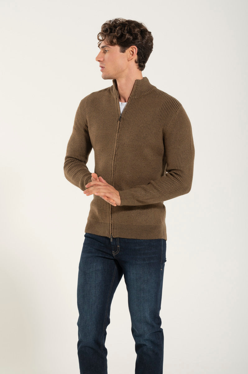 Pull zippé en laine mélangée tabac