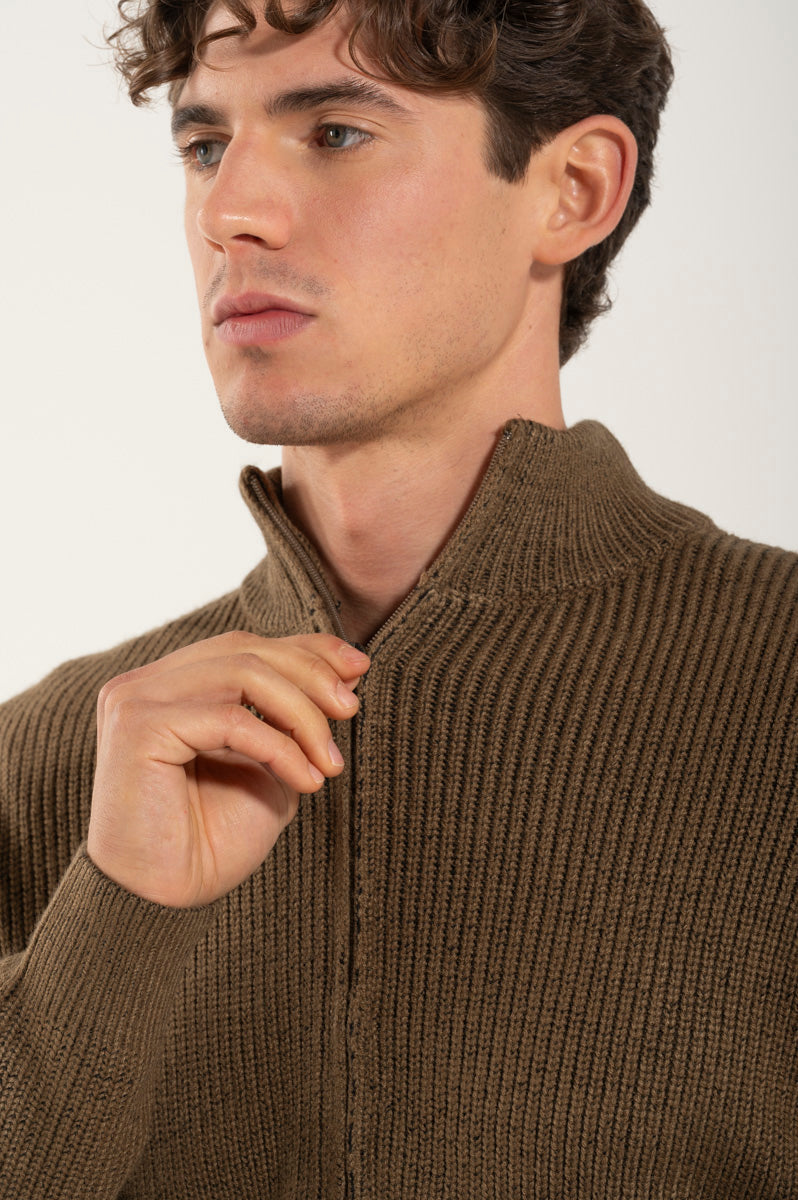 Tobacco Wool Blend Zip Sweater