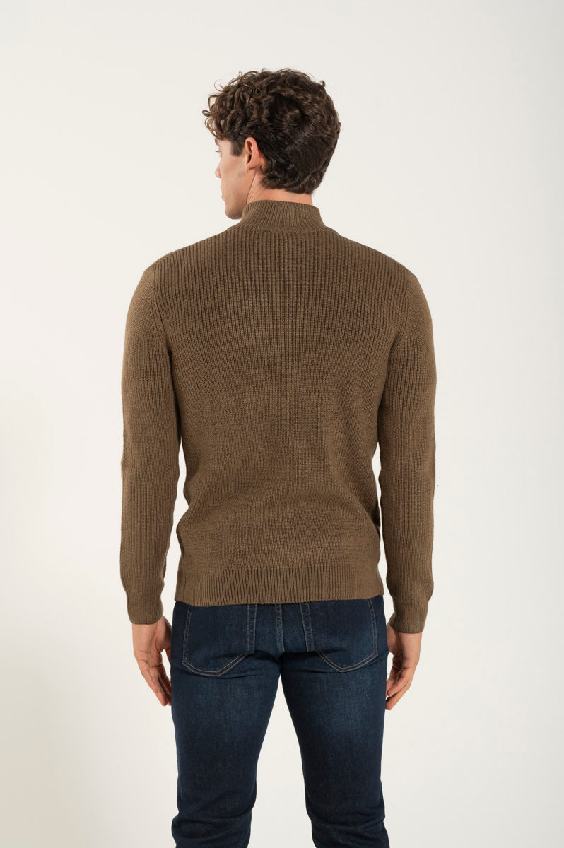 Pull zippé en laine mélangée tabac