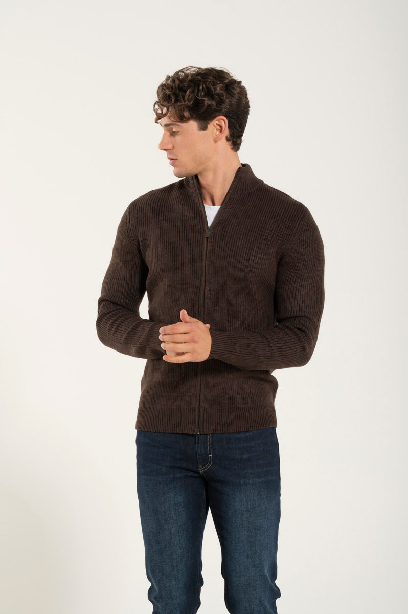 Brown Wool Blend Zip Up Sweater