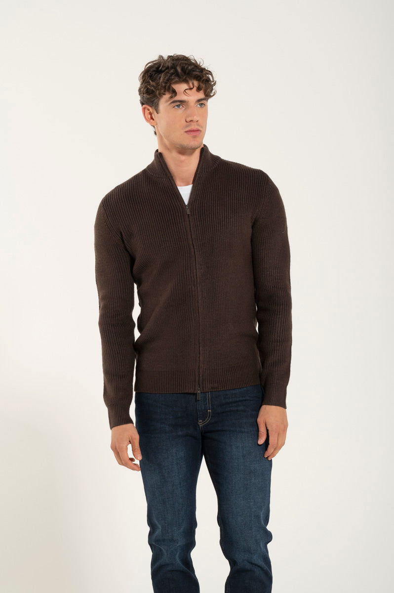 Brown Wool Blend Zip Up Sweater