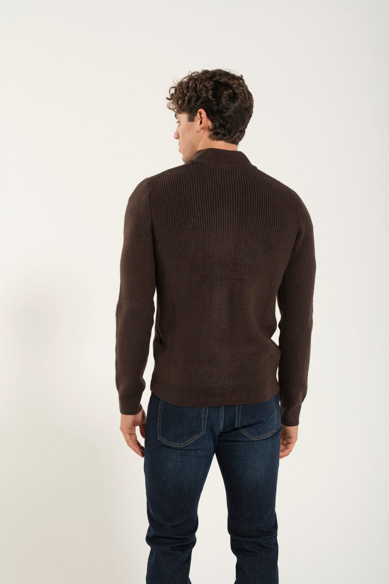 Brown Wool Blend Zip Up Sweater