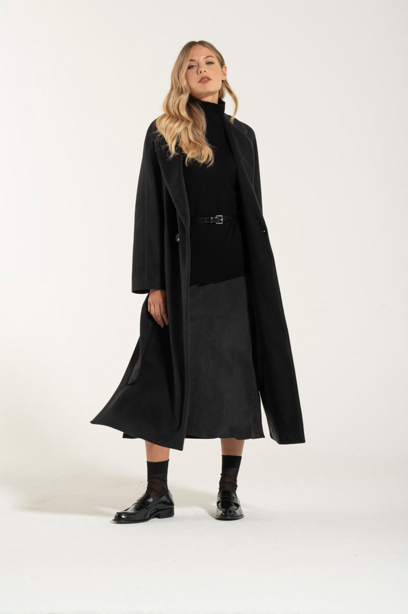 Long Black Cashmere and Wool Coat