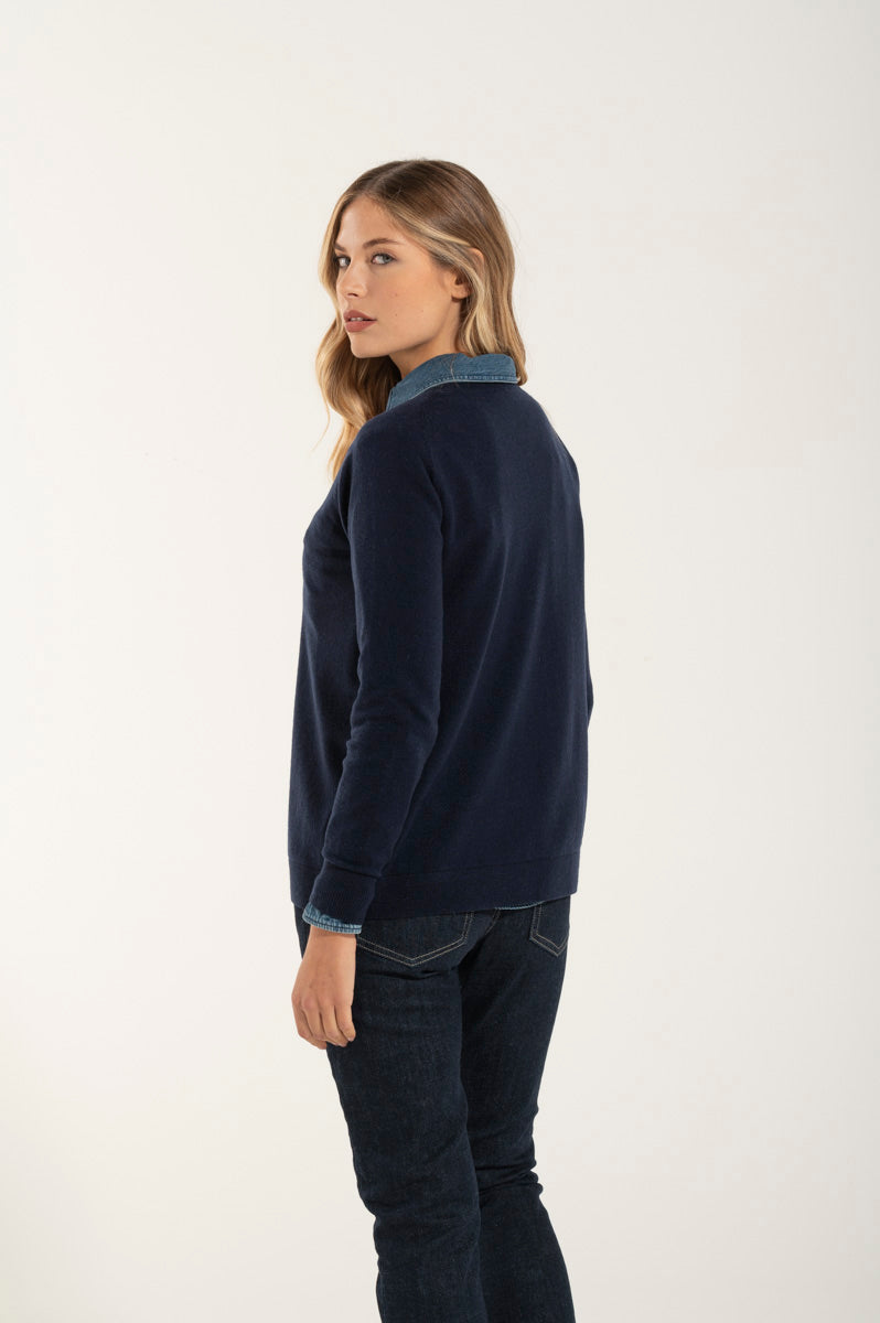 Navy Blue Cashmere and Merino Barchetta Collar