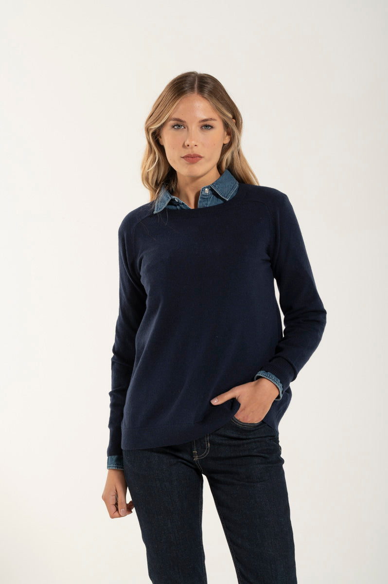 Navy Blue Cashmere and Merino Barchetta Collar