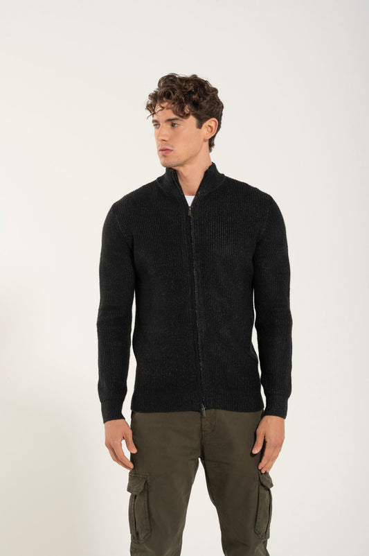 Black Wool Blend Zip Up Sweater