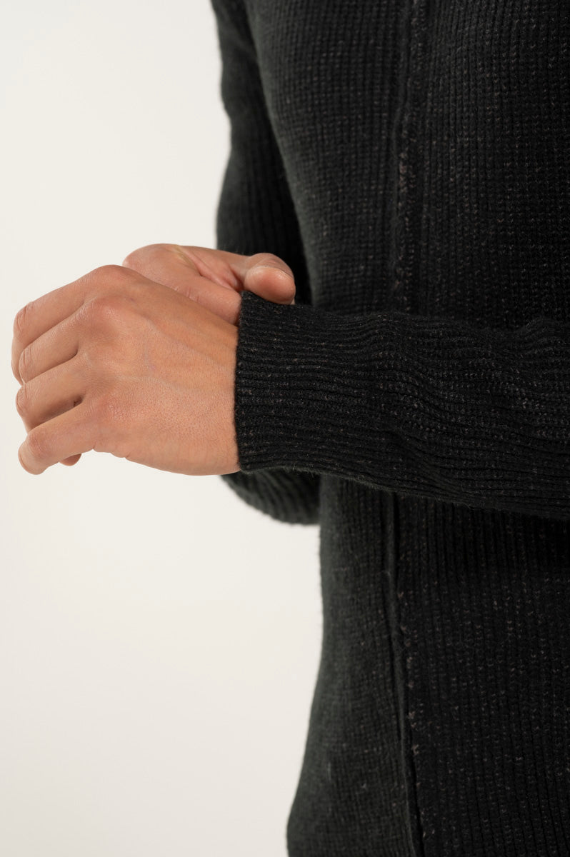 Black Wool Blend Zip Up Sweater