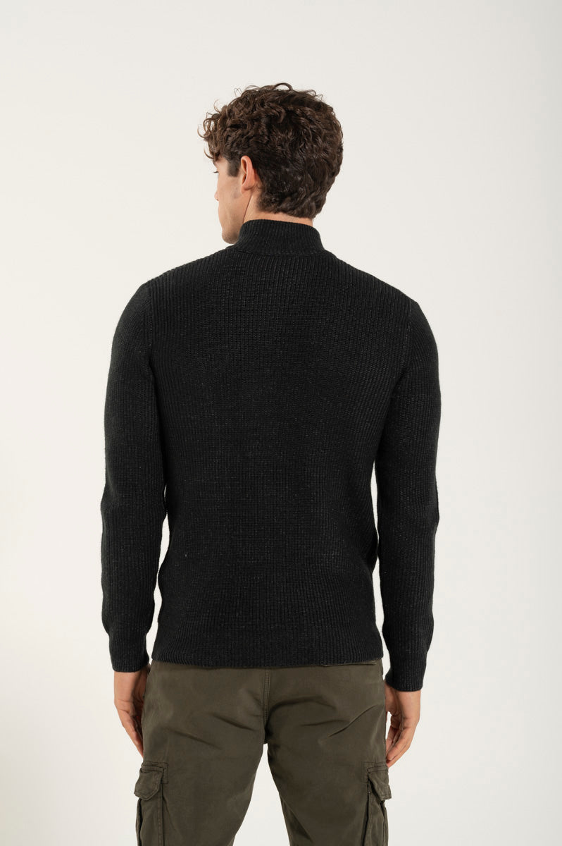 Black Wool Blend Zip Up Sweater