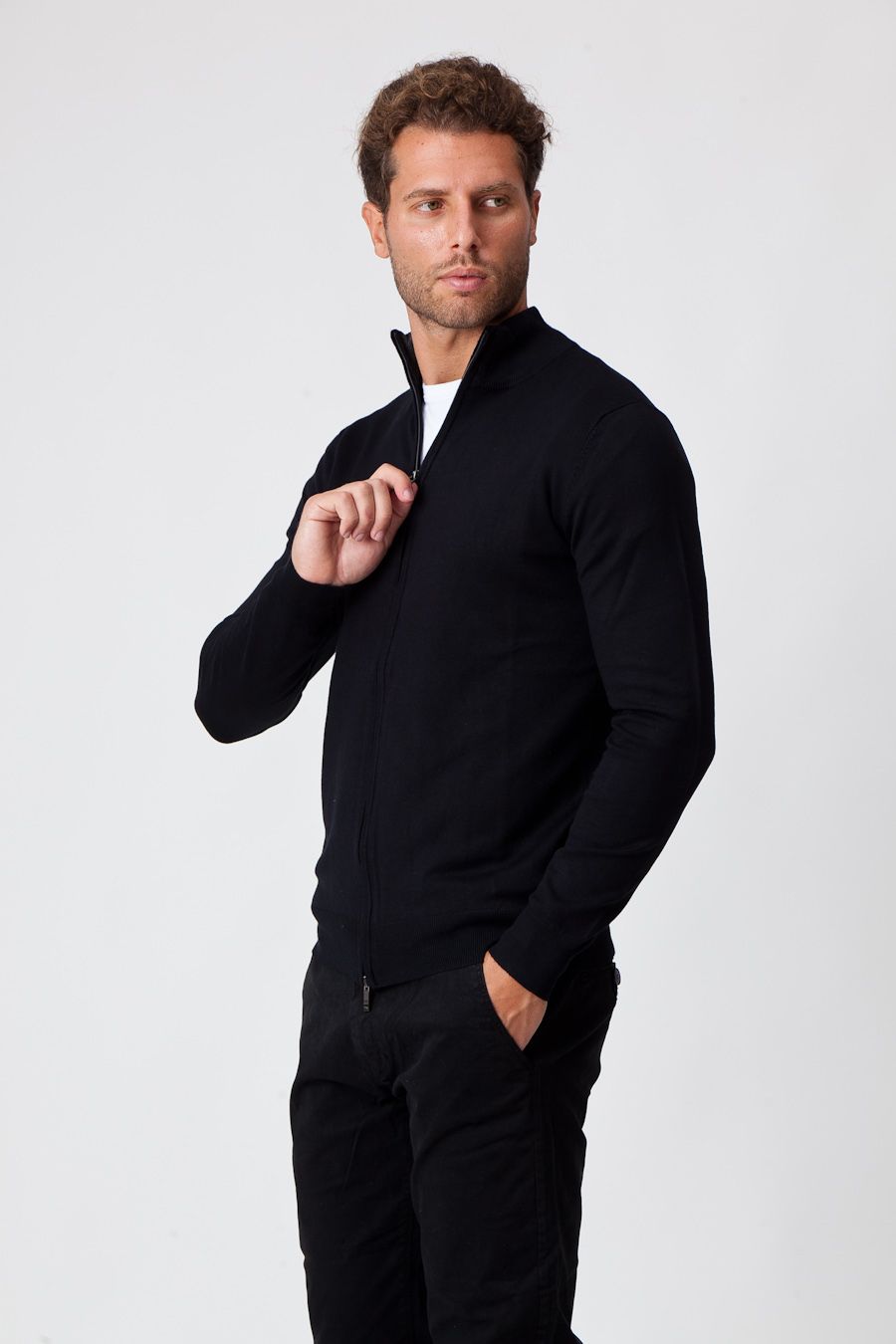 Black Cotton Zip Up Sweater