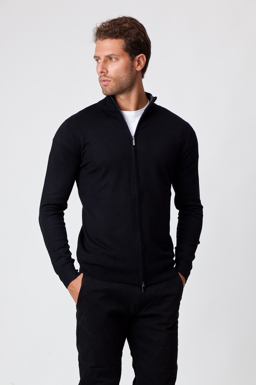 Black Cotton Zip Up Sweater