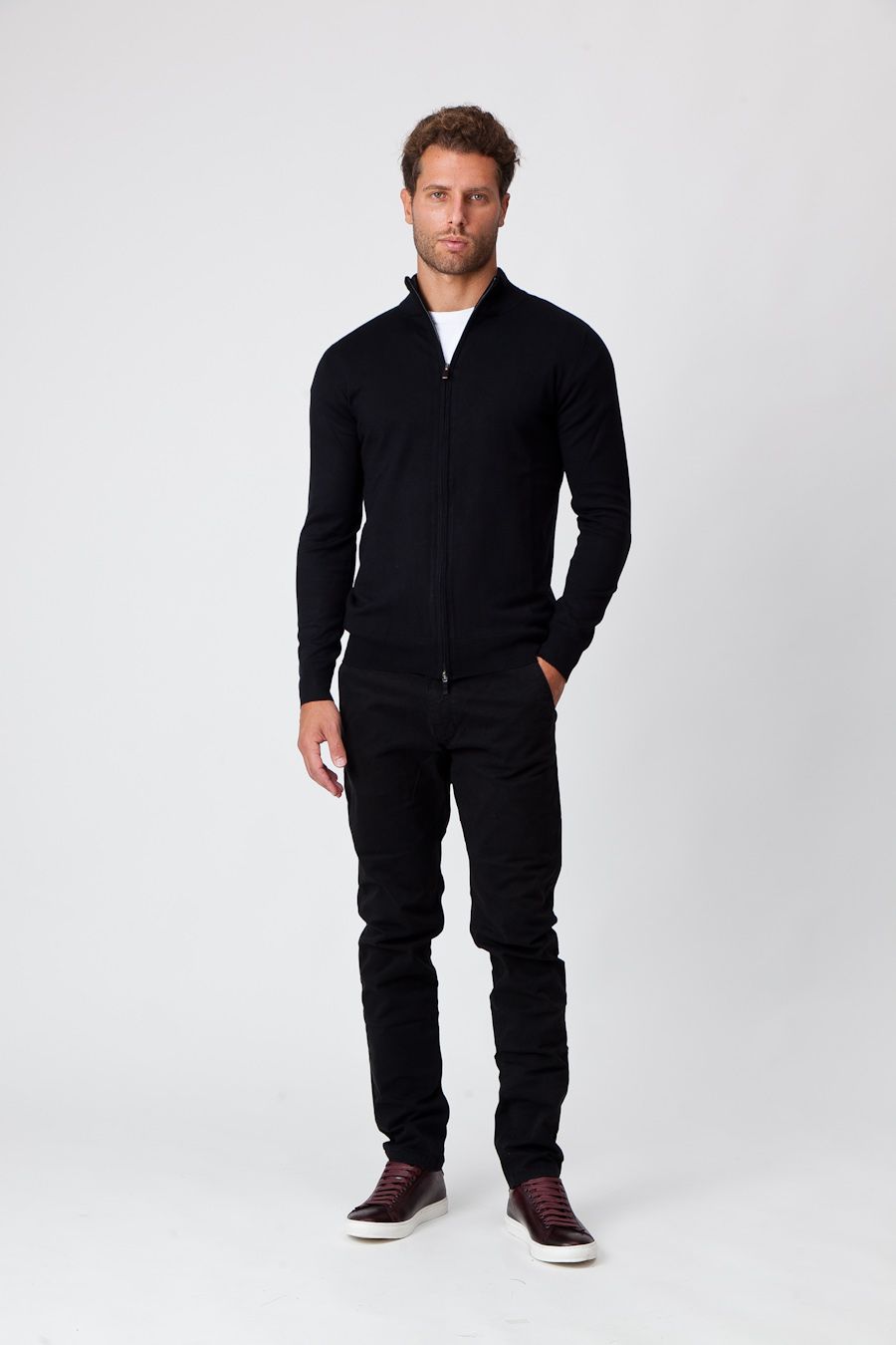 Black Cotton Zip Up Sweater