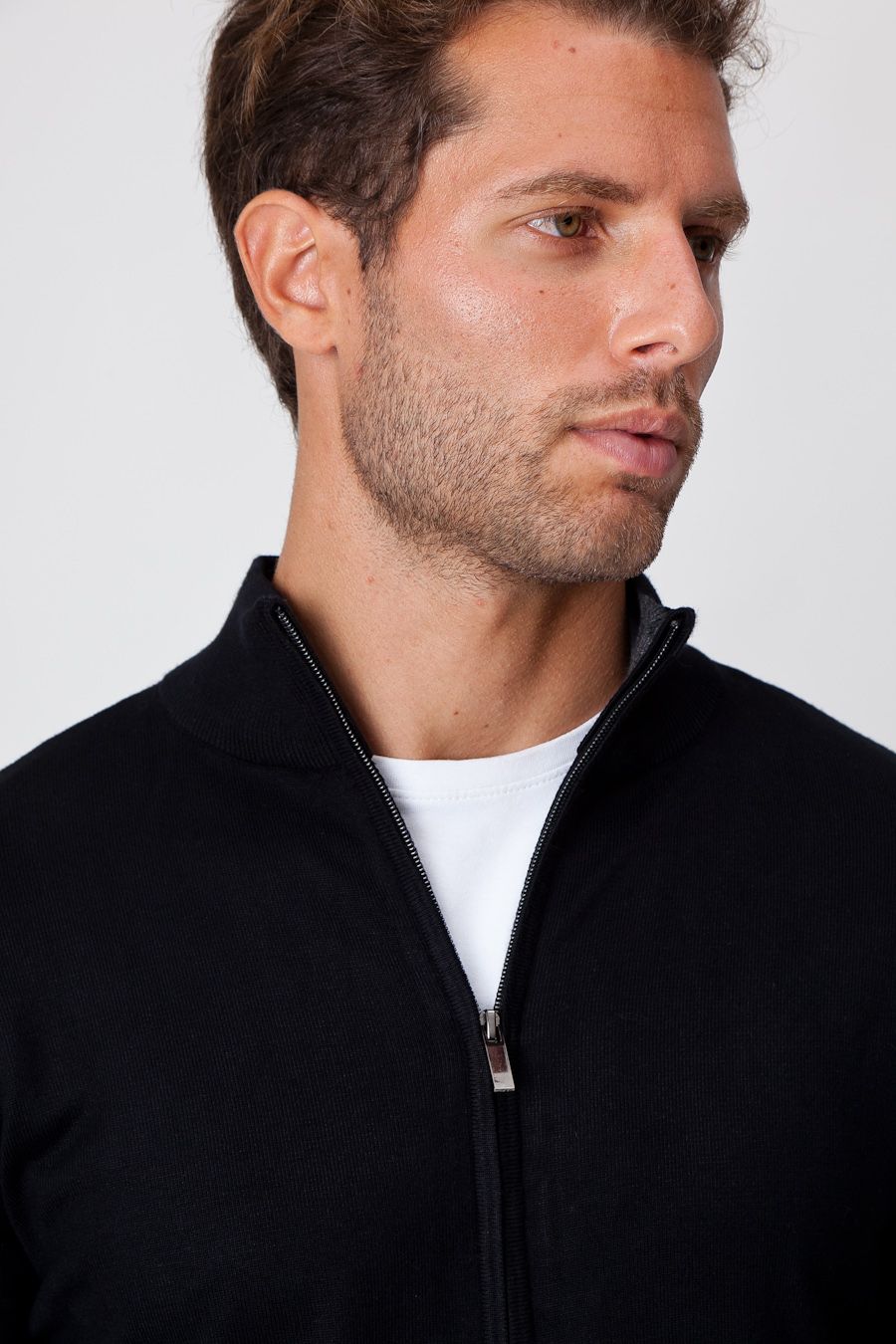 Black Cotton Zip Up Sweater